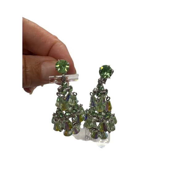 Vintage Hattie Carnegie Earrings Signed Green Aurora Borealis Chandelier ClipOn - Picture 10 of 10